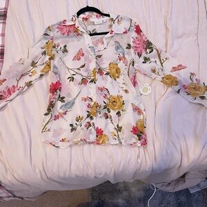 Arden Silk Blouse Babbie’s Store Bird Floral Cream